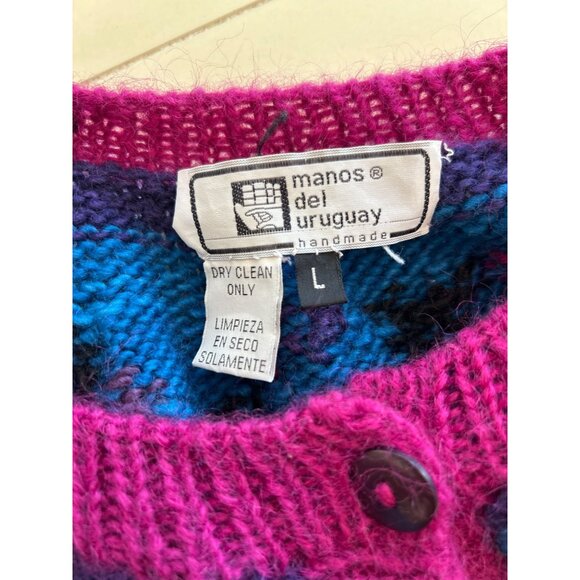 Vtg Manos Del Uruguay Handknit Wool Cardigan Sweater Fuchsia Blue L - Picture 8 of 10